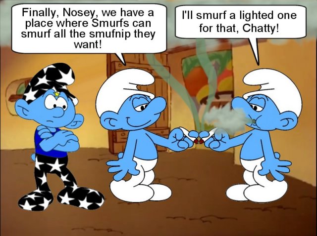 Empath looks warily at Chatty and Nosey smoking smurfnip
          together