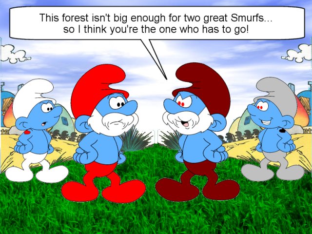 Papa Smurf faces off with his Grey Smurf counterpart