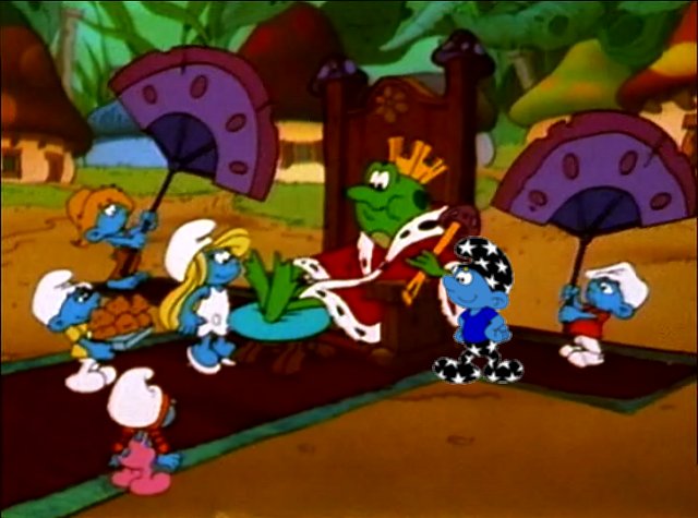 Smurfette and the other Smurfs treat the frog prince like royalty