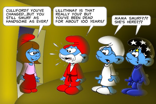 Papa Smurf, Brainy, and Empath are bewildered by the strange reappearance of Papa Smurf's wife Lillithina