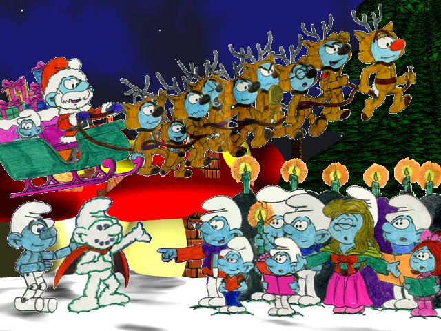 Empath and his team of Smurf reindeer pull Papa Smurf's sleigh